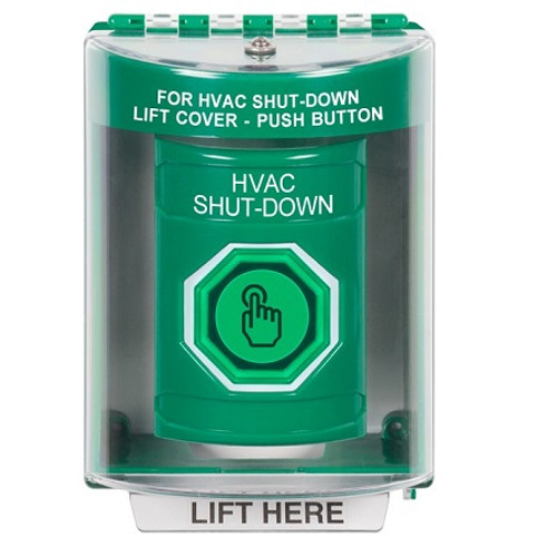 SS2187HV-EN STI Green Indoor/Outdoor Surface w/ Horn Weather Resistant Momentary (Illuminated) with Green Lens Stopper Station with HVAC SHUT DOWN Label English