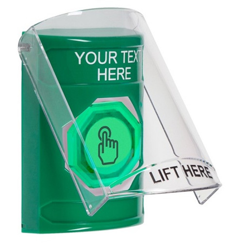SS2126ZA-EN STI Green Indoor Only Flush or Surface Momentary (Illuminated) with Green Lens Stopper Station with Non-Returnable Custom Text Label English