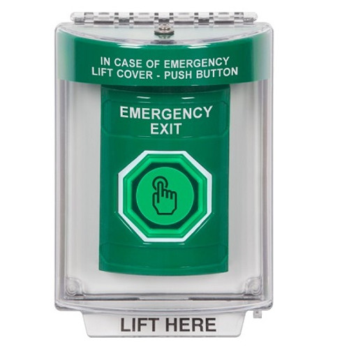 SS2136EX-EN STI Green Indoor/Outdoor Flush Momentary (Illuminated) with Green Lens Stopper Station with EMERGENCY EXIT Label English