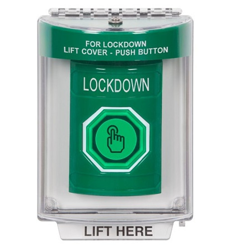 SS2136LD-EN STI Green Indoor/Outdoor Flush Momentary (Illuminated) with Green Lens Stopper Station with LOCKDOWN Label English