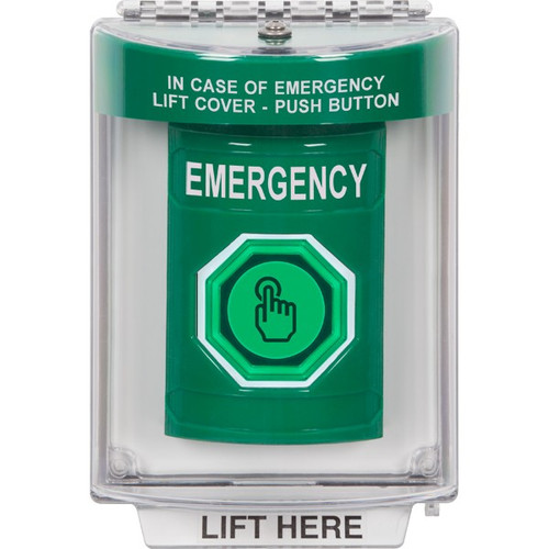 SS2146EM-EN STI Green Indoor/Outdoor Flush w/ Horn Momentary (Illuminated) with Green Lens Stopper Station with EMERGENCY Label English