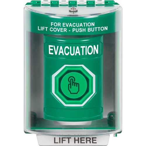 SS2176EV-EN STI Green Indoor/Outdoor Surface Momentary (Illuminated) with Green Lens Stopper Station with EVACUATION Label English