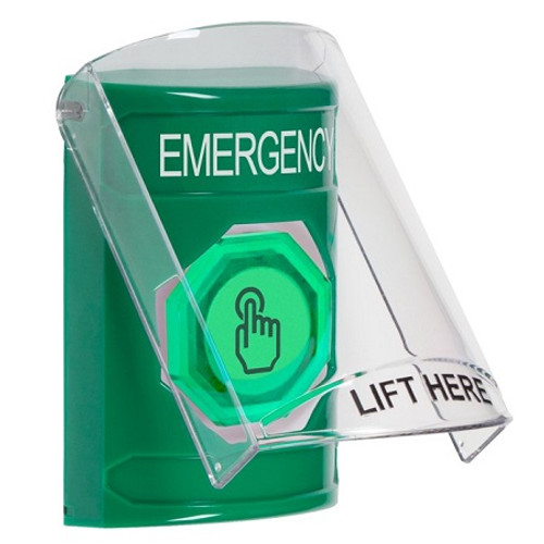 SS21A7EM-EN STI Green Indoor Only Flush or Surface w/ Horn Weather Resistant Momentary (Illuminated) with Green Lens Stopper Station with EMERGENCY Label English