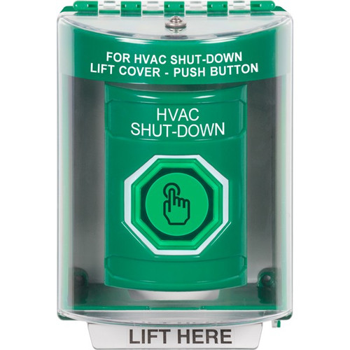 SS2176HV-EN STI Green Indoor/Outdoor Surface Momentary (Illuminated) with Green Lens Stopper Station with HVAC SHUT DOWN Label English