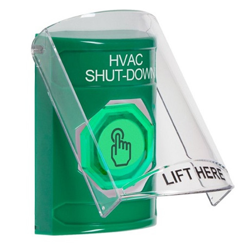 SS21A7HV-EN STI Green Indoor Only Flush or Surface w/ Horn Weather Resistant Momentary (Illuminated) with Green Lens Stopper Station with HVAC SHUT DOWN Label English