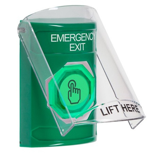 SS21A7EX-EN STI Green Indoor Only Flush or Surface w/ Horn Weather Resistant Momentary (Illuminated) with Green Lens Stopper Station with EMERGENCY EXIT Label English