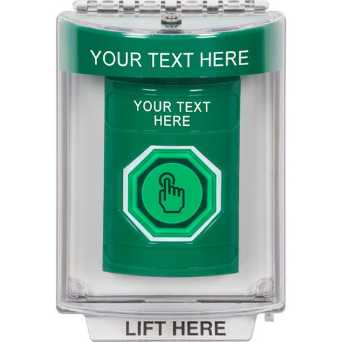 SS2146ZA-EN STI Green Indoor/Outdoor Flush w/ Horn Momentary (Illuminated) with Green Lens Stopper Station with Non-Returnable Custom Text Label English