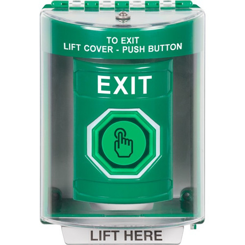 SS2176XT-EN STI Green Indoor/Outdoor Surface Momentary (Illuminated) with Green Lens Stopper Station with EXIT Label English