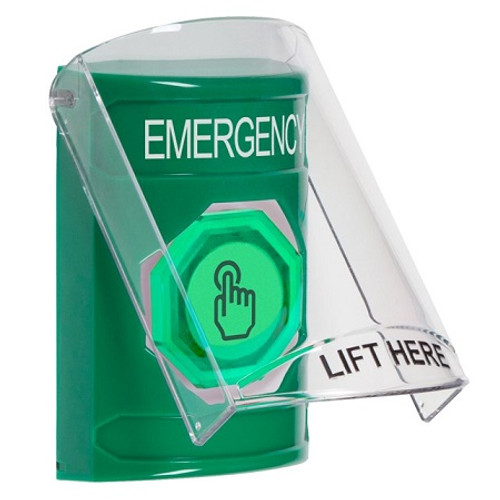 SS21A6EM-EN STI Green Indoor Only Flush or Surface w/ Horn Momentary (Illuminated) with Green Lens Stopper Station with EMERGENCY Label English