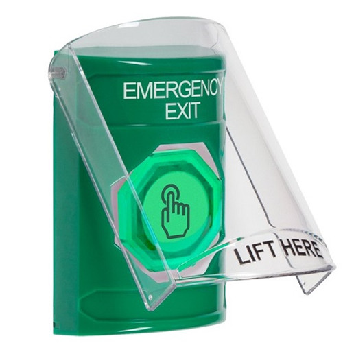 SS21A6EX-EN STI Green Indoor Only Flush or Surface w/ Horn Momentary (Illuminated) with Green Lens Stopper Station with EMERGENCY EXIT Label English