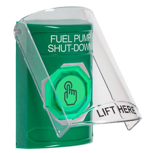 SS21A6PS-EN STI Green Indoor Only Flush or Surface w/ Horn Momentary (Illuminated) with Green Lens Stopper Station with FUEL PUMP SHUT DOWN Label English