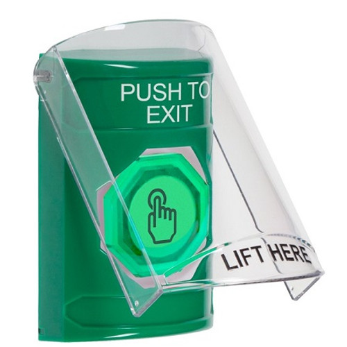 SS21A6PX-EN STI Green Indoor Only Flush or Surface w/ Horn Momentary (Illuminated) with Green Lens Stopper Station with PUSH TO EXIT Label English