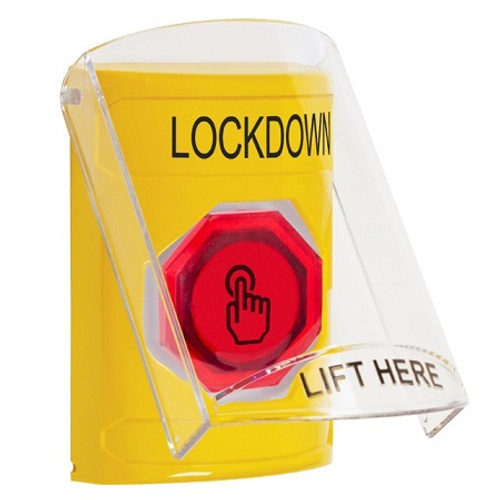 SS2227LD-EN STI Yellow Indoor Only Flush or Surface Weather Resistant Momentary (Illuminated) with Red Lens Stopper Station with LOCKDOWN Label English