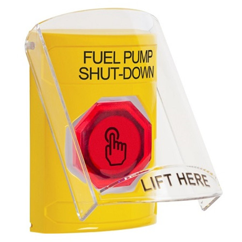 SS2227PS-EN STI Yellow Indoor Only Flush or Surface Weather Resistant Momentary (Illuminated) with Red Lens Stopper Station with FUEL PUMP SHUT DOWN Label English