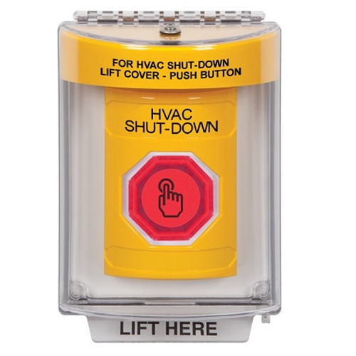 SS2237HV-EN STI Yellow Indoor/Outdoor Flush Weather Resistant Momentary (Illuminated) with Red Lens Stopper Station with HVAC SHUT DOWN Label English