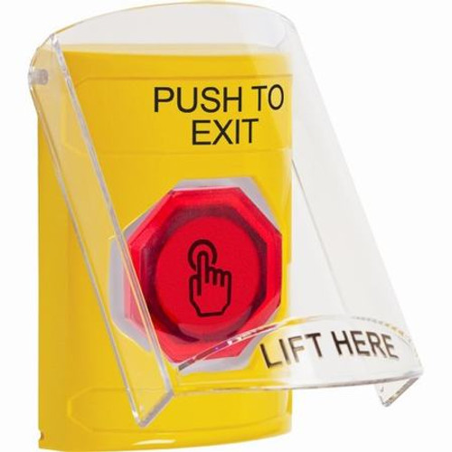 SS22A6PX-EN STI Yellow Indoor Only Flush or Surface w/ Horn Momentary (Illuminated) with Red Lens Stopper Station with PUSH TO EXIT Label English