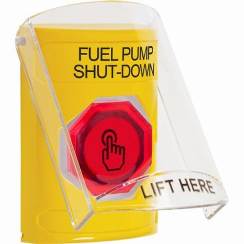 SS22A6PS-EN STI Yellow Indoor Only Flush or Surface w/ Horn Momentary (Illuminated) with Red Lens Stopper Station with FUEL PUMP SHUT DOWN Label English