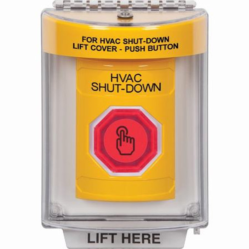 SS2246HV-EN STI Yellow Indoor/Outdoor Flush w/ Horn Momentary (Illuminated) with Red Lens Stopper Station with HVAC SHUT DOWN Label English