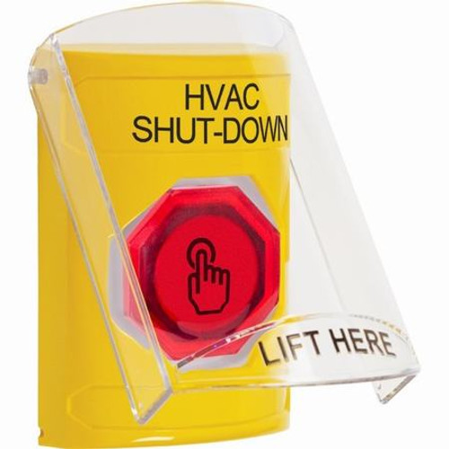 SS22A6HV-EN STI Yellow Indoor Only Flush or Surface w/ Horn Momentary (Illuminated) with Red Lens Stopper Station with HVAC SHUT DOWN Label English