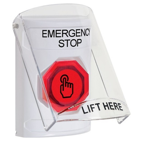SS2327ES-EN STI White Indoor Only Flush or Surface Weather Resistant Momentary (Illuminated) with Red Lens Stopper Station with EMERGENCY STOP Label English
