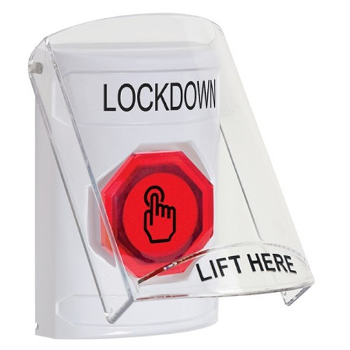 SS2327LD-EN STI White Indoor Only Flush or Surface Weather Resistant Momentary (Illuminated) with Red Lens Stopper Station with LOCKDOWN Label English