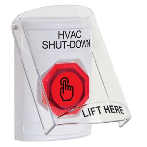 SS23A7HV-EN STI White Indoor Only Flush or Surface w/ Horn Weather Resistant Momentary (Illuminated) with Red Lens Stopper Station with HVAC SHUT DOWN Label English