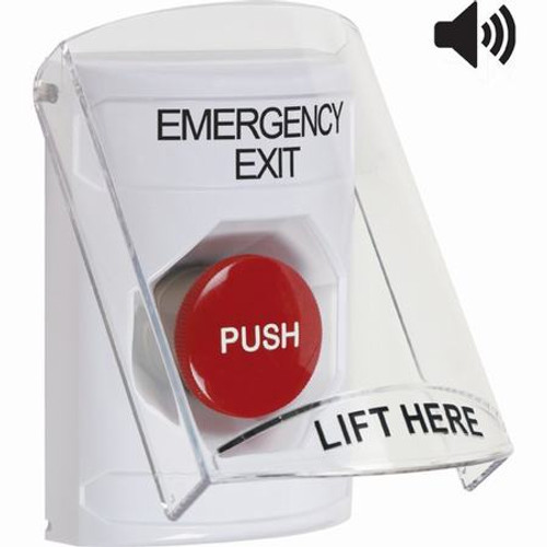 SS23A4EX-EN STI White Indoor Only Flush or Surface w/ Horn Momentary Stopper Station with EMERGENCY EXIT Label English