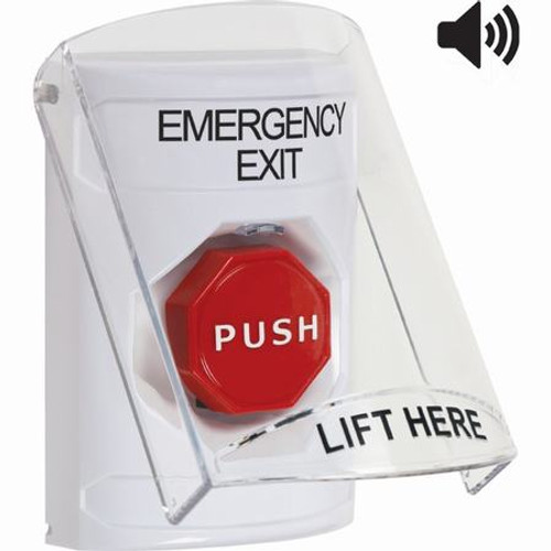 SS23A5EX-EN STI White Indoor Only Flush or Surface w/ Horn Momentary (Illuminated) Stopper Station with EMERGENCY EXIT Label English