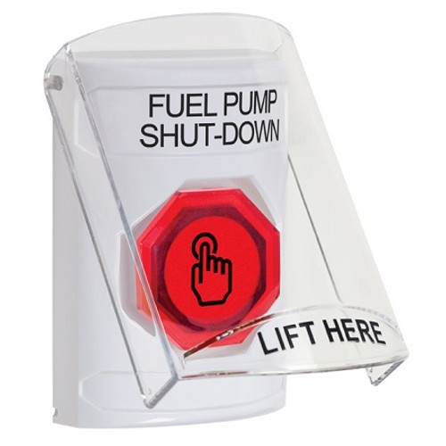 SS2326PS-EN STI White Indoor Only Flush or Surface Momentary (Illuminated) with Red Lens Stopper Station with FUEL PUMP SHUT DOWN Label English