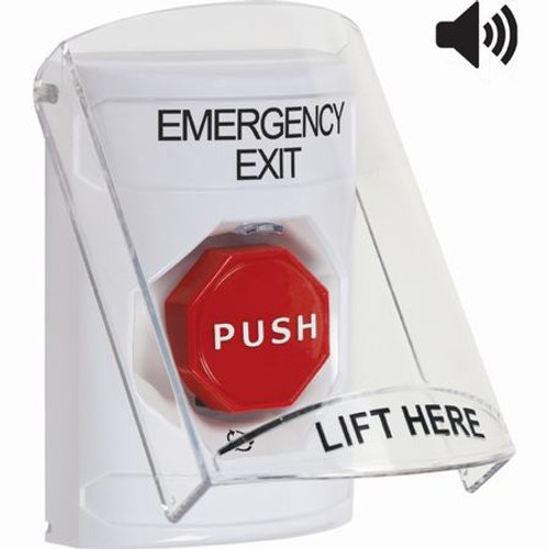 SS23A9EX-EN STI White Indoor Only Flush or Surface w/ Horn Turn-to-Reset (Illuminated) Stopper Station with EMERGENCY EXIT Label English