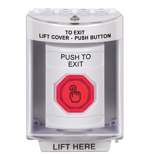 SS2386PX-EN STI White Indoor/Outdoor Surface w/ Horn Momentary (Illuminated) with Red Lens Stopper Station with PUSH TO EXIT Label English