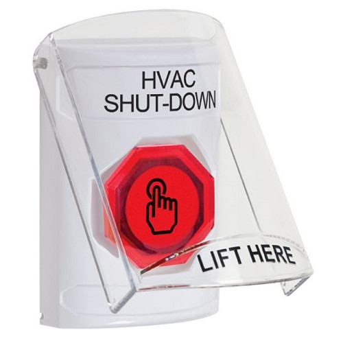 SS23A6HV-EN STI White Indoor Only Flush or Surface w/ Horn Momentary (Illuminated) with Red Lens Stopper Station with HVAC SHUT DOWN Label English