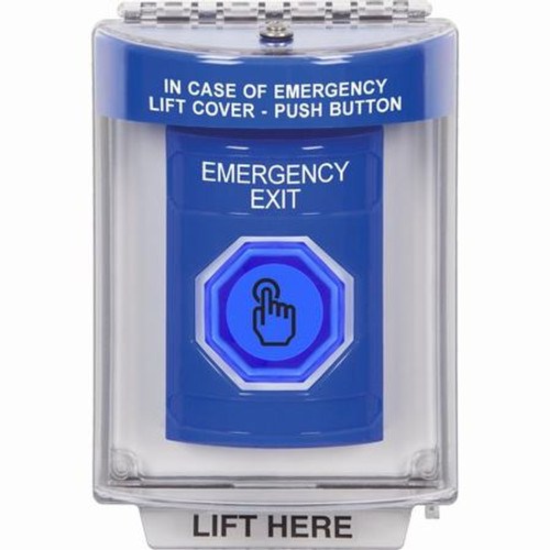 SS2437EX-EN STI Blue Indoor/Outdoor Flush Weather Resistant Momentary (Illuminated) with Blue Lens Stopper Station with EMERGENCY EXIT Label English