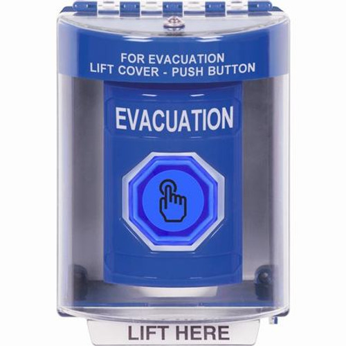 SS2477EV-EN STI Blue Indoor/Outdoor Surface Weather Resistant Momentary (Illuminated) with Blue Lens Stopper Station with EVACUATION Label English