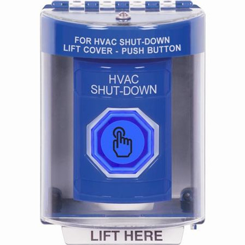 SS2477HV-EN STI Blue Indoor/Outdoor Surface Weather Resistant Momentary (Illuminated) with Blue Lens Stopper Station with HVAC SHUT DOWN Label English