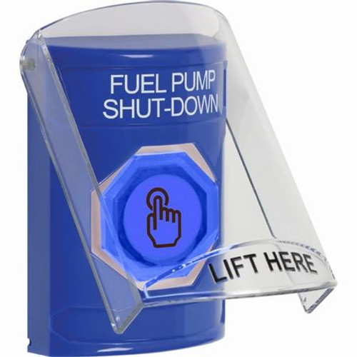 SS2426PS-EN STI Blue Indoor Only Flush or Surface Momentary (Illuminated) with Blue Lens Stopper Station with FUEL PUMP SHUT DOWN Label English