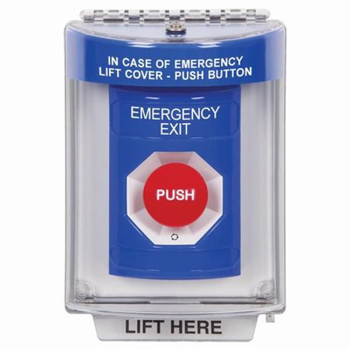 SS2431EX-EN STI Blue Indoor/Outdoor Flush Turn-to-Reset Stopper Station with EMERGENCY EXIT Label English