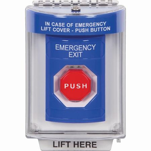 SS2435EX-EN STI Blue Indoor/Outdoor Flush Momentary (Illuminated) Stopper Station with EMERGENCY EXIT Label English