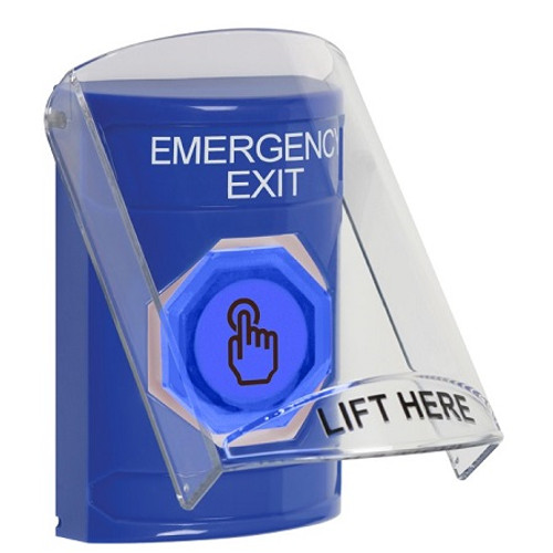 SS24A6EX-EN STI Blue Indoor Only Flush or Surface w/ Horn Momentary (Illuminated) with Blue Lens Stopper Station with EMERGENCY EXIT Label English