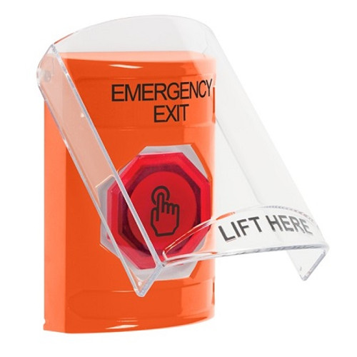 SS25A7EX-EN STI Orange Indoor Only Flush or Surface w/ Horn Weather Resistant Momentary (Illuminated) with Orange Lens Stopper Station with EMERGENCY EXIT Label English