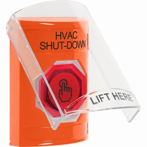 SS2526HV-EN STI Orange Indoor Only Flush or Surface Momentary (Illuminated) with Orange Lens Stopper Station with HVAC SHUT DOWN Label English