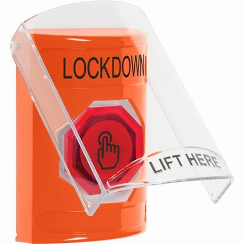 SS2526LD-EN STI Orange Indoor Only Flush or Surface Momentary (Illuminated) with Orange Lens Stopper Station with LOCKDOWN Label English