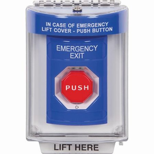 SS2449EX-EN STI Blue Indoor/Outdoor Flush w/ Horn Turn-to-Reset (Illuminated) Stopper Station with EMERGENCY EXIT Label English