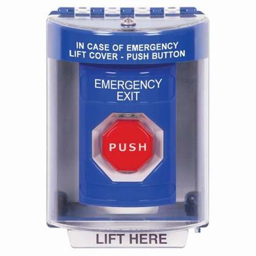 SS2478EX-EN STI Blue Indoor/Outdoor Surface Pneumatic (Illuminated) Stopper Station with EMERGENCY EXIT Label English