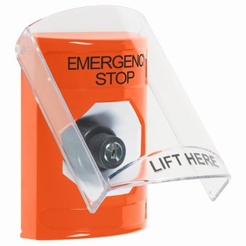 SS2523ES-EN STI Orange Indoor Only Flush or Surface Key-to-Activate Stopper Station with EMERGENCY STOP Label English