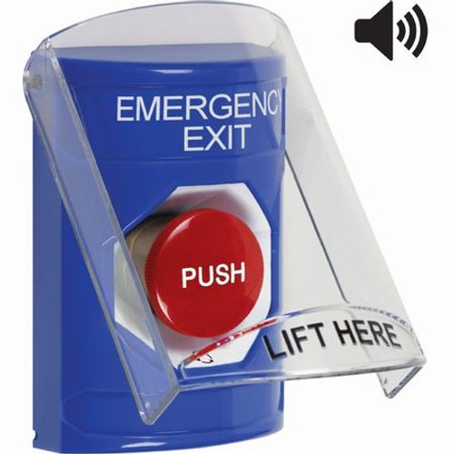 SS24A1EX-EN STI Blue Indoor Only Flush or Surface w/ Horn Turn-to-Reset Stopper Station with EMERGENCY EXIT Label English