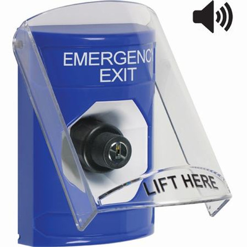 SS24A3EX-EN STI Blue Indoor Only Flush or Surface w/ Horn Key-to-Activate Stopper Station with EMERGENCY EXIT Label English