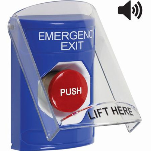 SS24A4EX-EN STI Blue Indoor Only Flush or Surface w/ Horn Momentary Stopper Station with EMERGENCY EXIT Label English