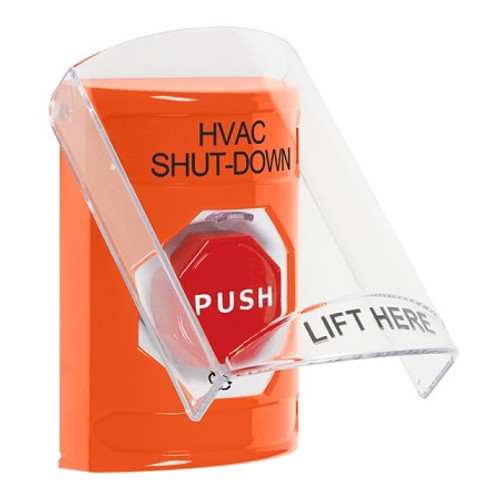 SS25A9HV-EN STI Orange Indoor Only Flush or Surface w/ Horn Turn-to-Reset (Illuminated) Stopper Station with HVAC SHUT DOWN Label English