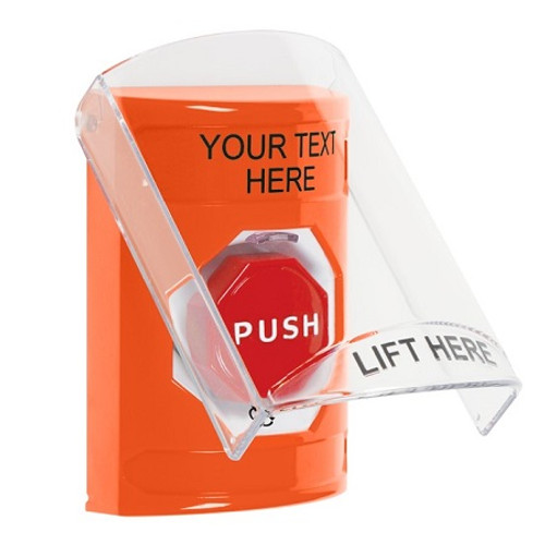 SS25A9ZA-EN STI Orange Indoor Only Flush or Surface w/ Horn Turn-to-Reset (Illuminated) Stopper Station with Non-Returnable Custom Text Label English